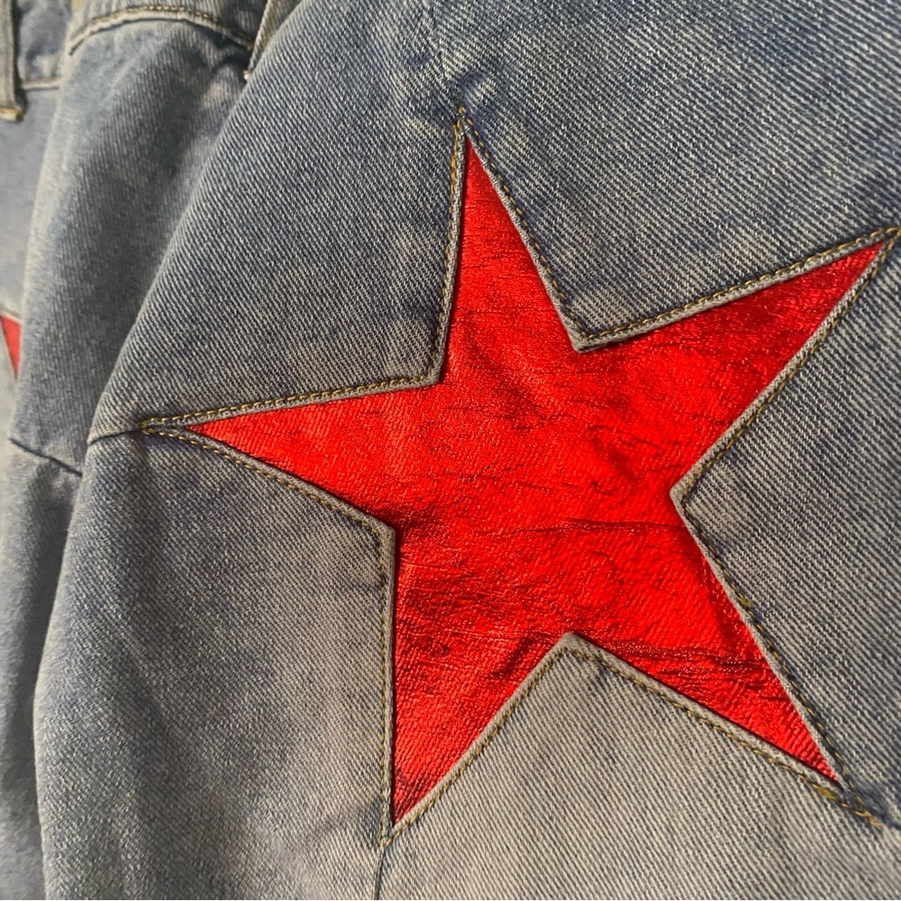 Nasty Gal Light Blue Flare Jeans with Red Star Accents - Picture 8 of 8